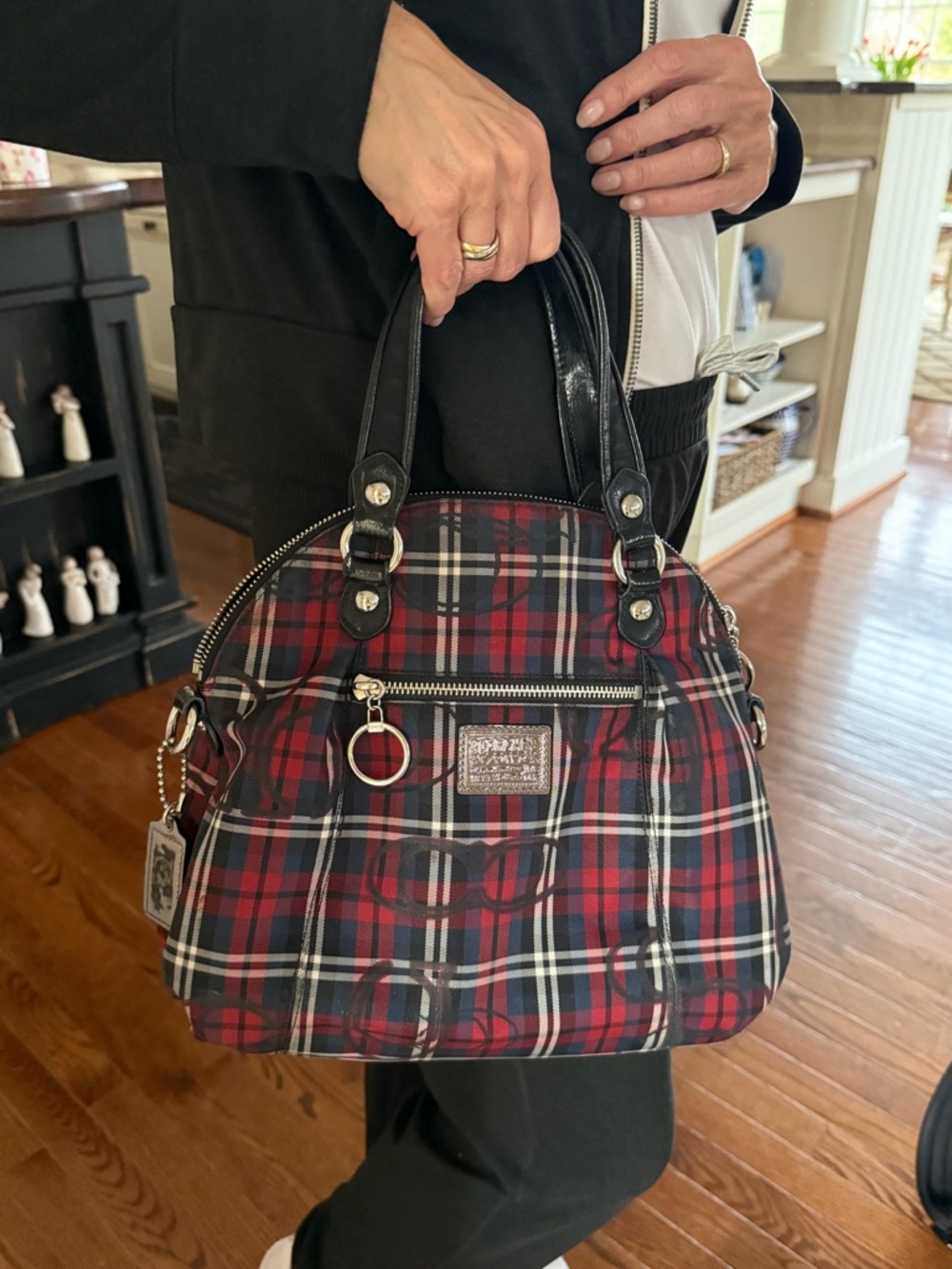 Coach Red Plaid Dome Satchel with Black Trim